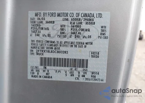 2003 Ford F-150 Lariat/Xl/Xlt z USA, uszkodzony, nr VIN 2FTRX18L83CB03283